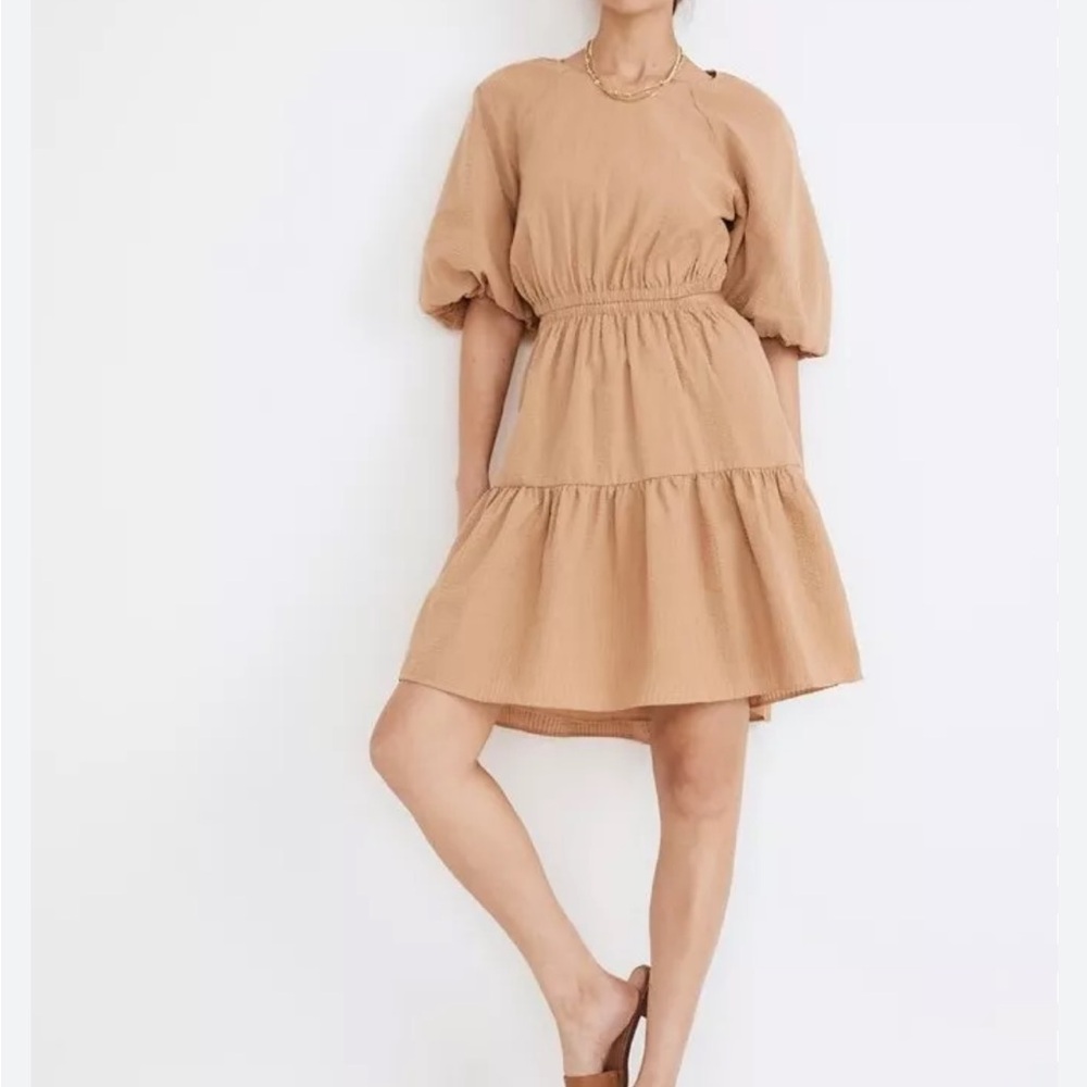 New Madewell Seersucker Puff-Sleeve Cutout Mini Dress